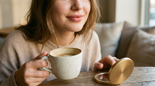 Gros plan sur des lèvres teintées naturelles avec une tasse de café, ambiance clean beauty premium Soveya