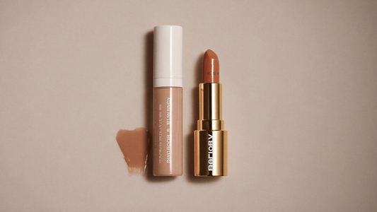 Flatlay beauté épuré comparant un tatouage lèvres peel-off et un rouge à lèvres classique sur fond ivoire et taupe, lumière studio chaude