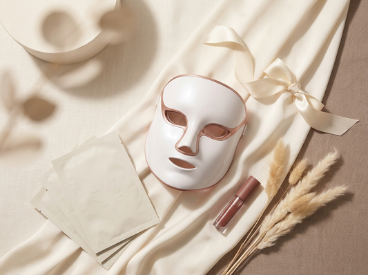 Composition beauté premium sur fond ivoire et taupe : appareil de luminothérapie LED lift & glow, sachets de masque coréen au collagène et flacon de tatouage lèvres peel-off, disposés en cadeau avec ruban en soie ivoire, lumière studio chaude