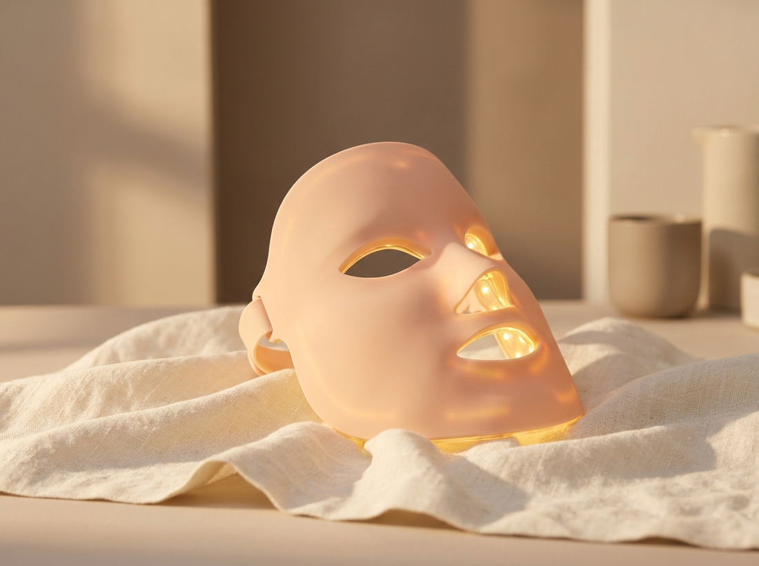 Appareil LED lift & glow souple en silicone posé délicatement sur un linge en lin ivoire, lumière studio chaude, ambiance beauté épurée et rassurante