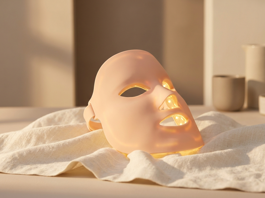 Appareil LED lift & glow souple en silicone posé délicatement sur un linge en lin ivoire, lumière studio chaude, ambiance beauté épurée et rassurante