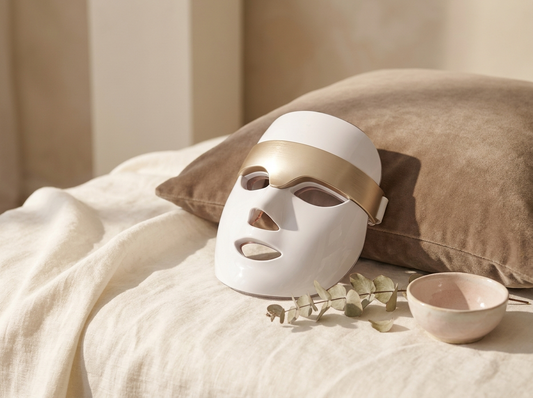Appareil de luminothérapie LED posé sur un fond ivoire et taupe, lumière studio chaude, ambiance clean beauty premium