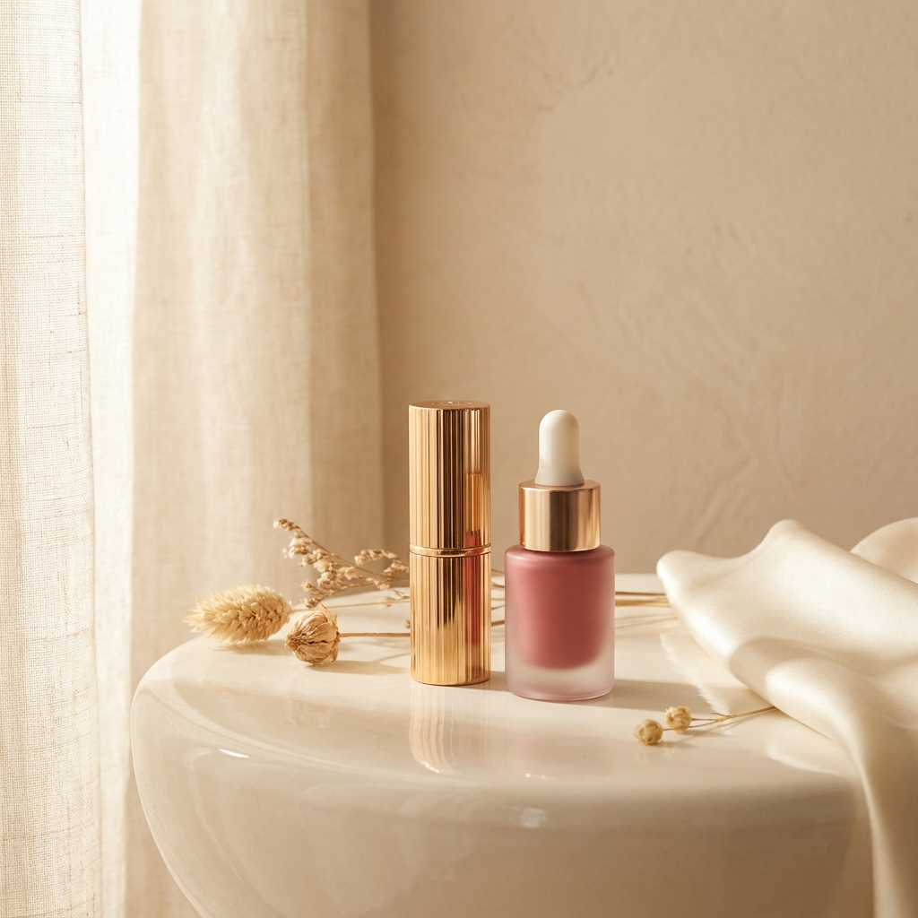 Photo éditoriale beauté premium : un rouge à lèvres classique et un flacon d'encre à lèvres peel-off posés côte à côte sur un fond ivoire et taupe, lumière chaude de studio