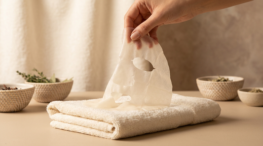 Masque tissu au collagène tenu délicatement au-dessus d'une serviette, esthétique clean beauty Soveya