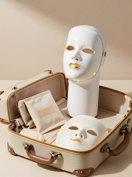 Appareil de luminothérapie LED visage SOVEYA posé à côté d'une valise cabine ouverte, ambiance voyage épurée sur fond ivoire