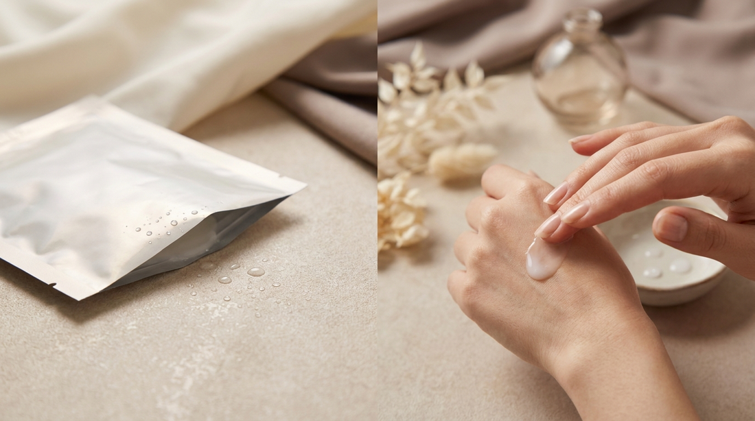 Sérum restant dans un sachet de masque tissu coréen appliqué sur le dos de la main, zéro gaspillage