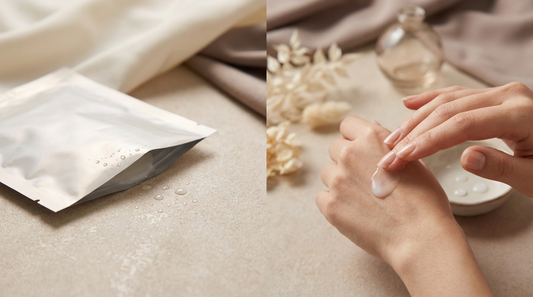 Sérum restant dans un sachet de masque tissu coréen appliqué sur le dos de la main, zéro gaspillage
