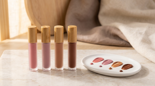 Quatre teintes de Tatouage Lèvres Peel-Off Soveya présentées côte à côte pour créer un mélange personnalisé.