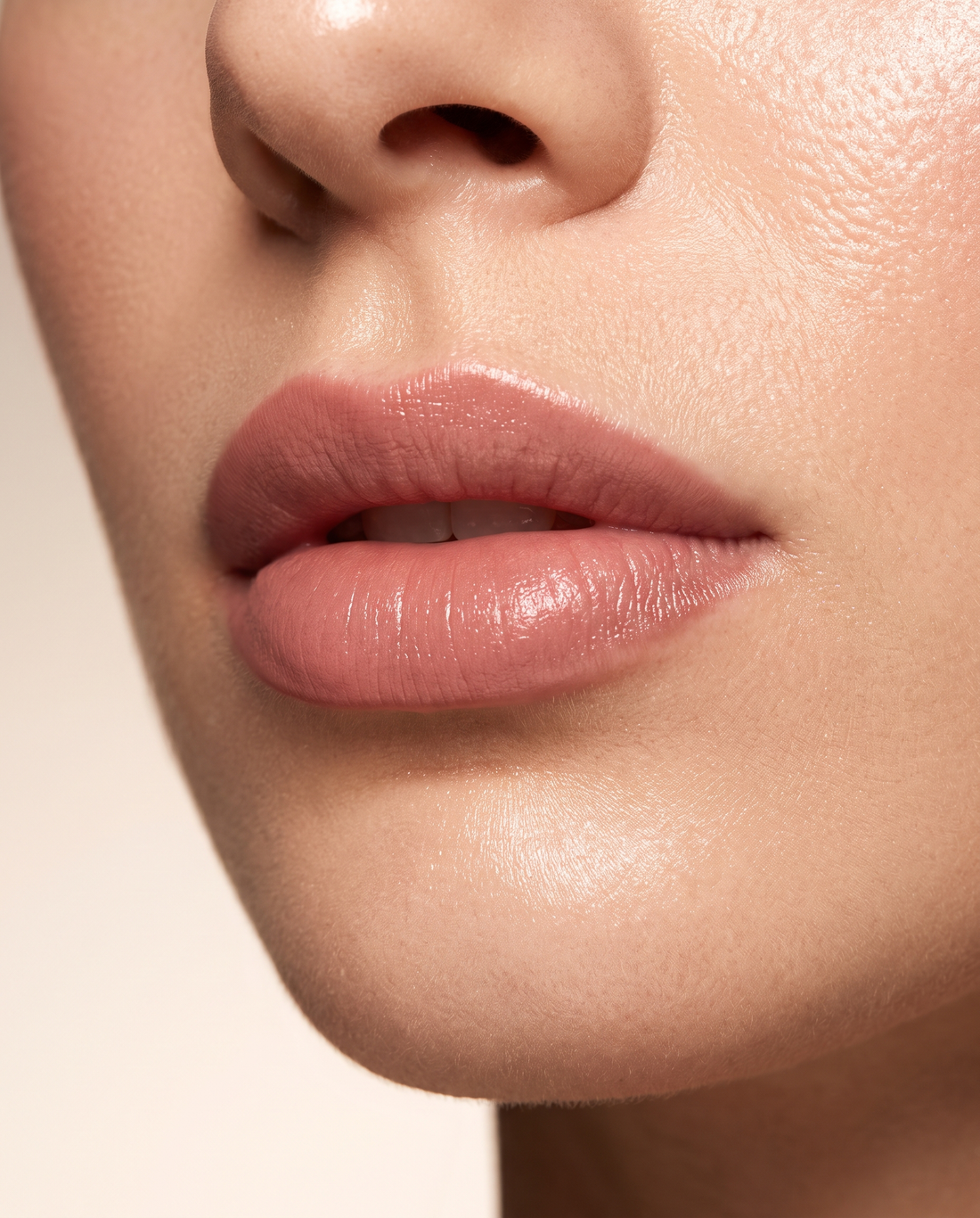 Gros plan élégant sur des lèvres teintées effet tatouage naturel, fond ivoire et taupe, lumière studio chaude