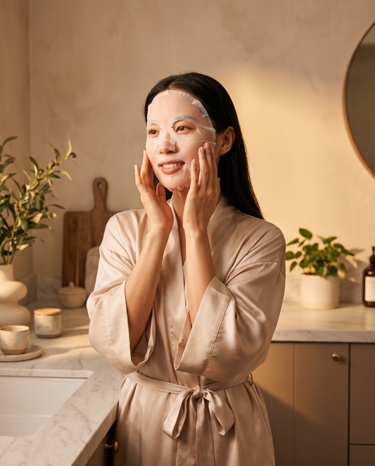 Femme appliquant un masque tissu coréen, peau nette et lumineuse, tons ivoire et taupe, lumière chaude
