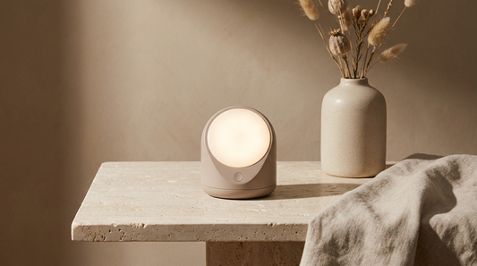 Appareil de luminothérapie LED Soveya posé sur fond ivoire et taupe, esthétique premium