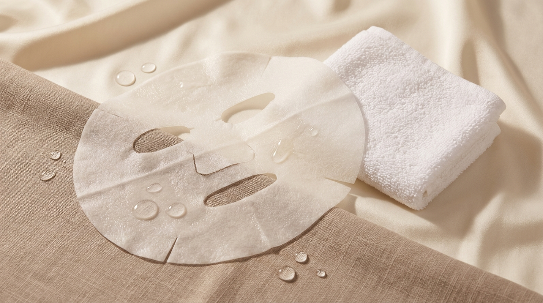 Masque tissu coréen déplié sur fond ivoire et taupe, esthétique premium Soveya