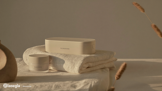 Appareil LED visage Soveya posé sur un linge ivoire avec un soin apaisant, ambiance clean beauty douce