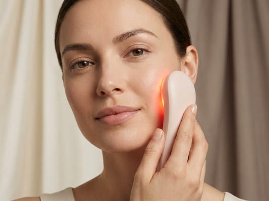 Femme appliquant un sérum après une séance LED visage avant maquillage