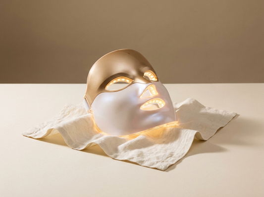 Appareil LED visage Soveya posé sur une serviette en lin, ambiance clean beauty ivoire et taupe