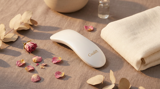 Appareil LED Gualift Soveya sur fond taupe avec pétales séchés, esthétique clean beauty