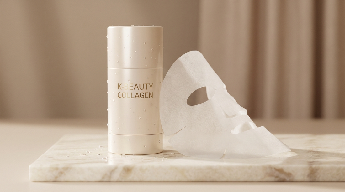 Tube de masque coréen au collagène Soveya sur fond ivoire avec masque tissu déplié, esthétique clean beauty