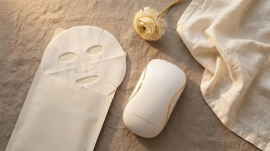 Masque tissu au collagène et appareil LED Gualift Soveya côte à côte sur fond taupe, ambiance sereine premium