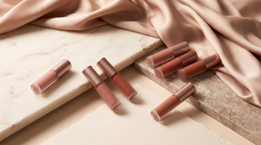 Packshot de tubes de teinte à lèvres nude sur fond ivoire et taupe, ambiance clean beauty Soveya