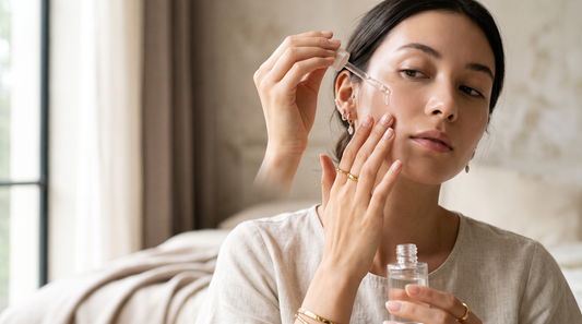 Mains appliquant un soin sur une peau nette et lumineuse, ambiance clean beauty Soveya