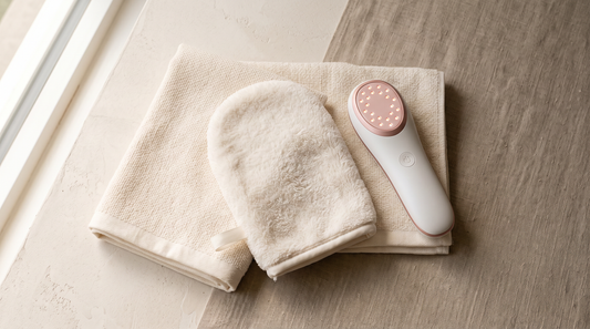 Flatlay d'une serviette en coton et d'un appareil de luminothérapie visage, ambiance clean beauty Soveya