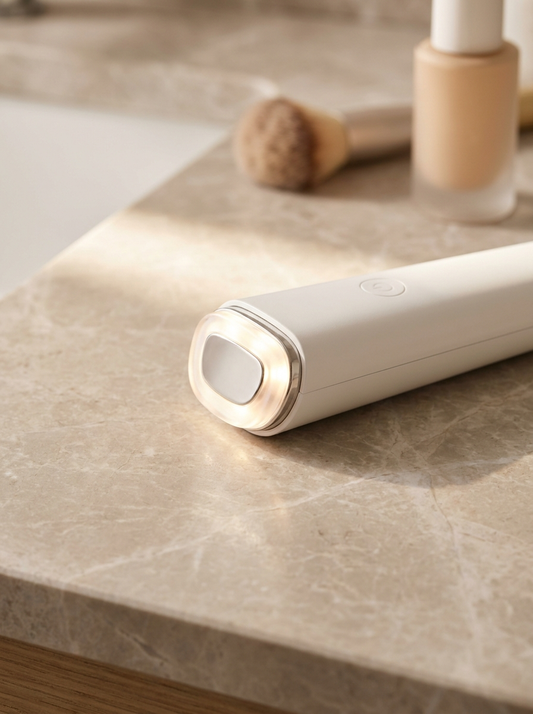 Appareil LED visage Soveya posé sur un plan de salle de bain en marbre taupe avant une routine maquillage