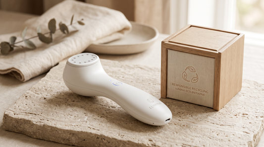 Appareil LED beauté Gualift posé sur un plan en pierre claire, à côté d'un petit contenant de collecte pour le recyclage DEEE