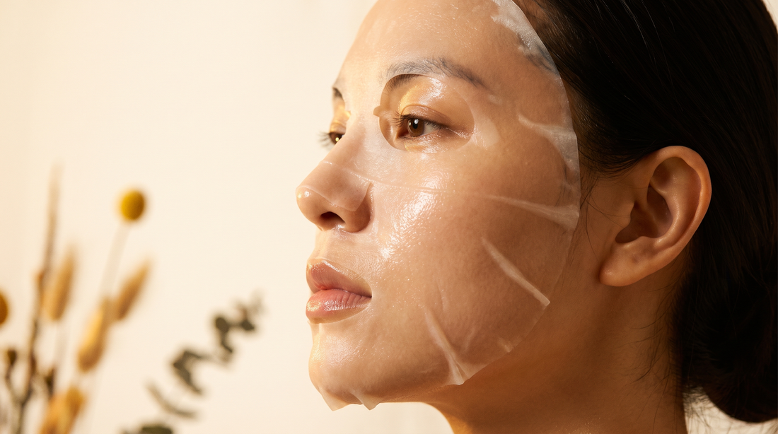 Masque tissu coréen au collagène appliqué sur un visage de profil, ambiance spa premium