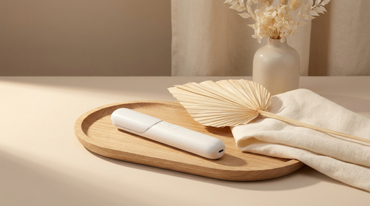 Appareil LED Gualift Soveya posé sur un plateau en bois clair avec une fleur séchée, ambiance clean beauty ivoire et taupe