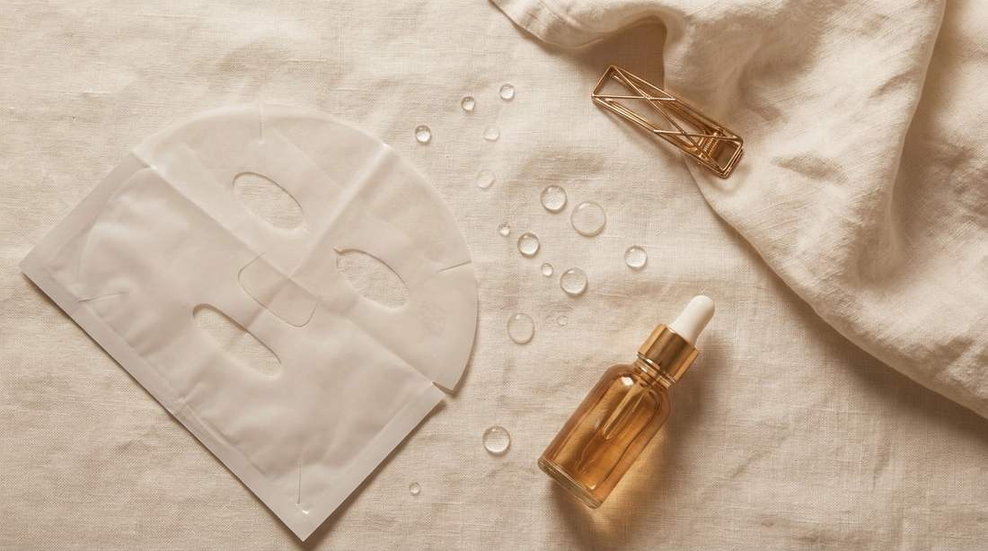 Masque coréen au collagène Soveya déplié à côté d'un sérum sur fond ivoire, ambiance clean beauty premium