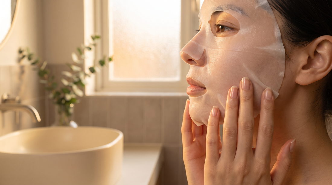 Femme appliquant un masque en tissu coréen nacré sur son visage, rituel skincare du soir en lumière douce