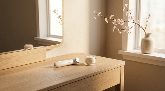 Coiffeuse en bois clair avec appareil LED Gualift et branche de fleurs de printemps, ambiance ivoire et taupe
