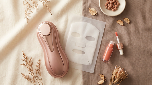 Trois soins Soveya pour la rentrée : appareil LED, masque coréen et tatouage lèvres peel-off sur fond ivoire