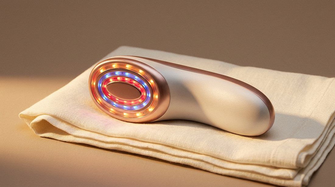 Appareil LED beauté Soveya posé sur un linge ivoire, éclairage studio chaleureux