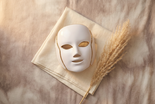 Appareil LED visage Soveya posé sur du lin ivoire, ambiance clean beauty
