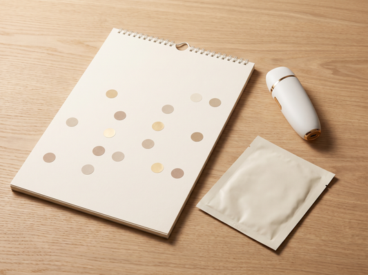 Calendrier ivoire et taupe avec pastilles marquant un planning skin cycling, appareil LED et masque coréen Soveya
