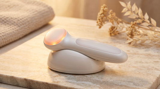 Appareil LED visage Soveya sur sa base de charge, fond ivoire et taupe